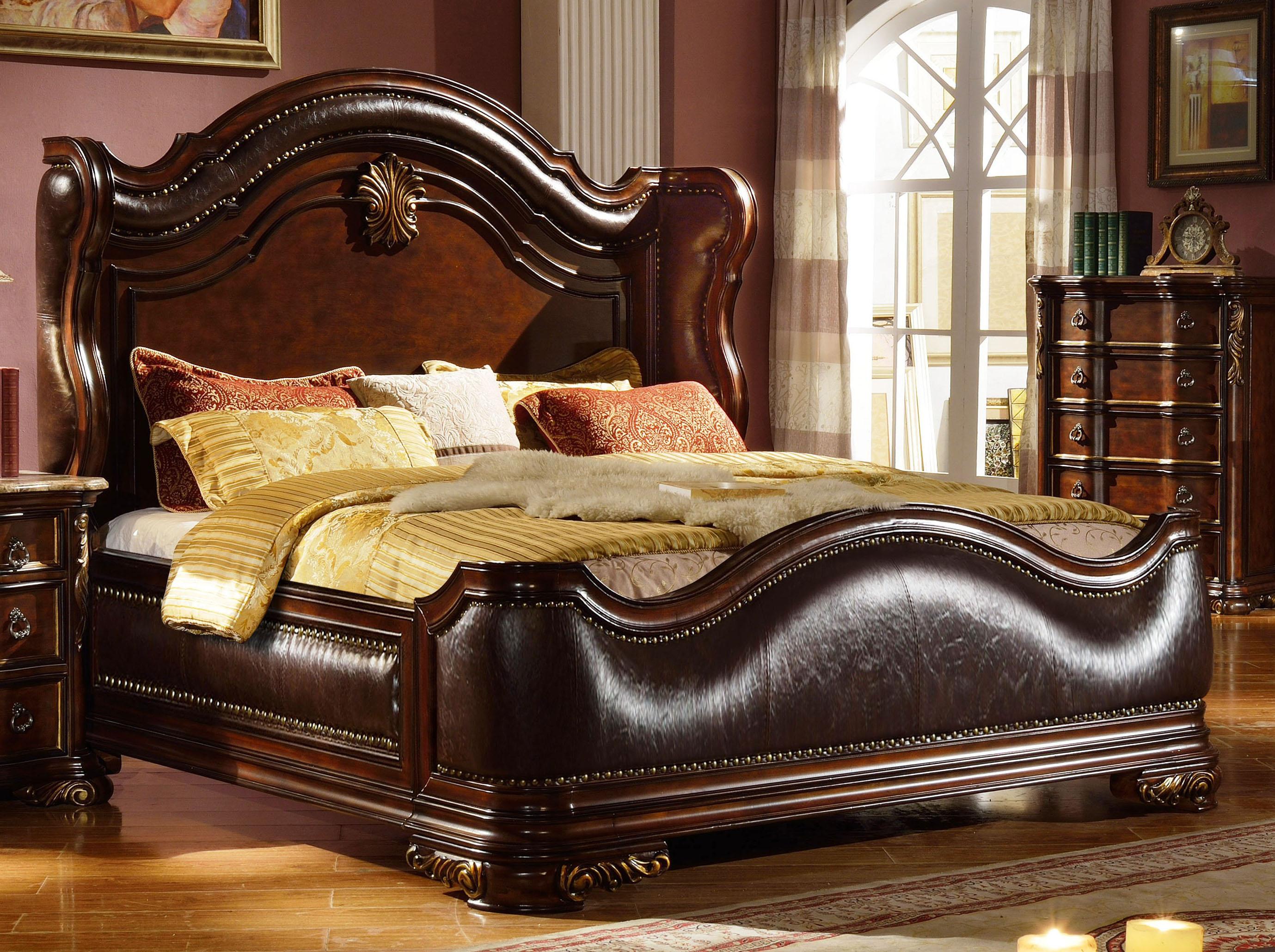 Classic, Traditional Sleigh Bed B3000 B3000-Q in Cherry Leather