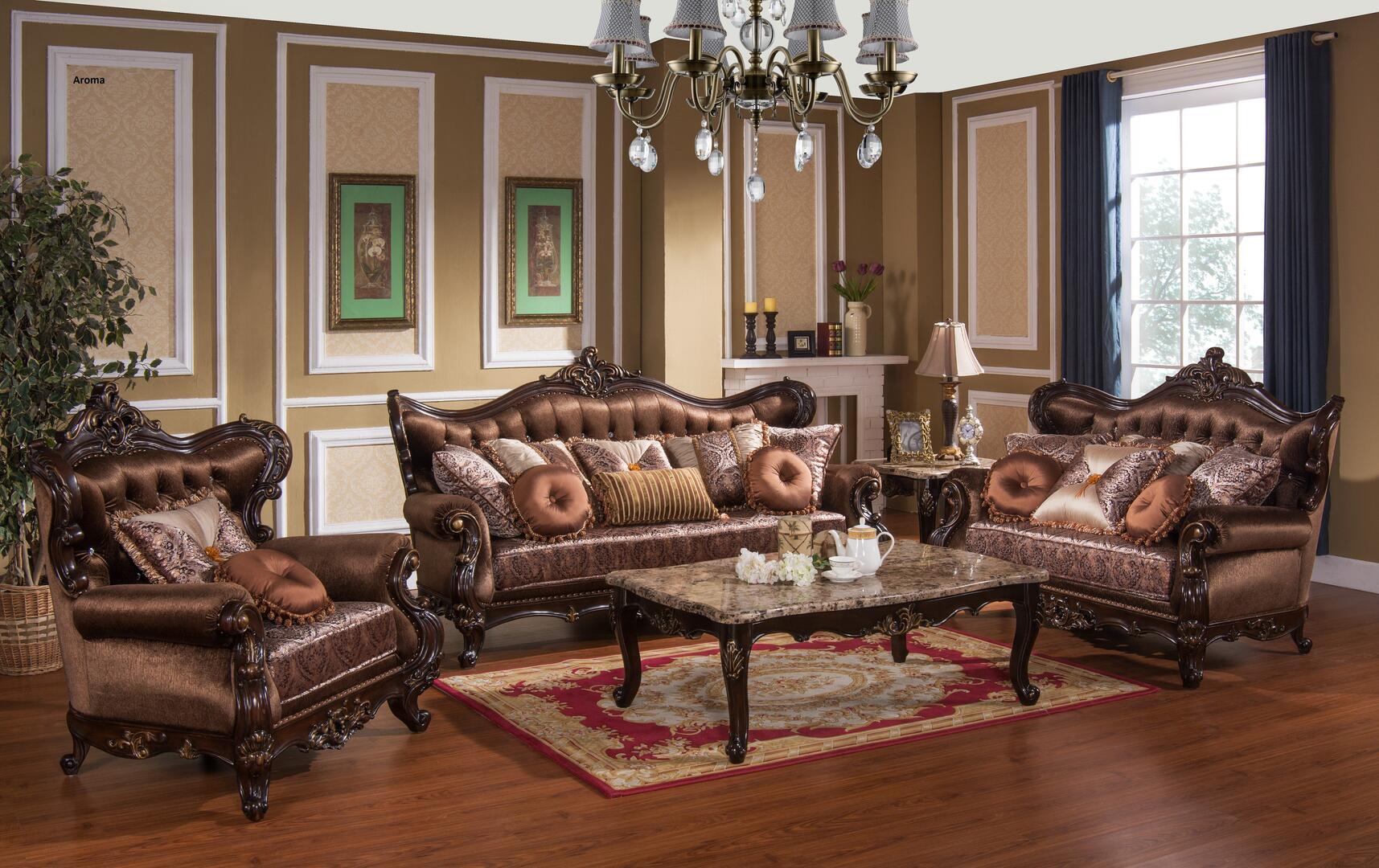 

    
Cherry Finish Wood Sofa Set 6Pcs w/Occasional Tables Traditional Cosmos Furniture Aroma
