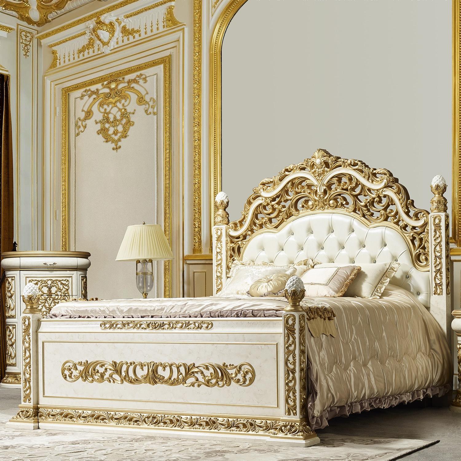 Classic Panel Bed HD-903-BED HD-903-EK-BED in Antique White, Gold Bonded Leather