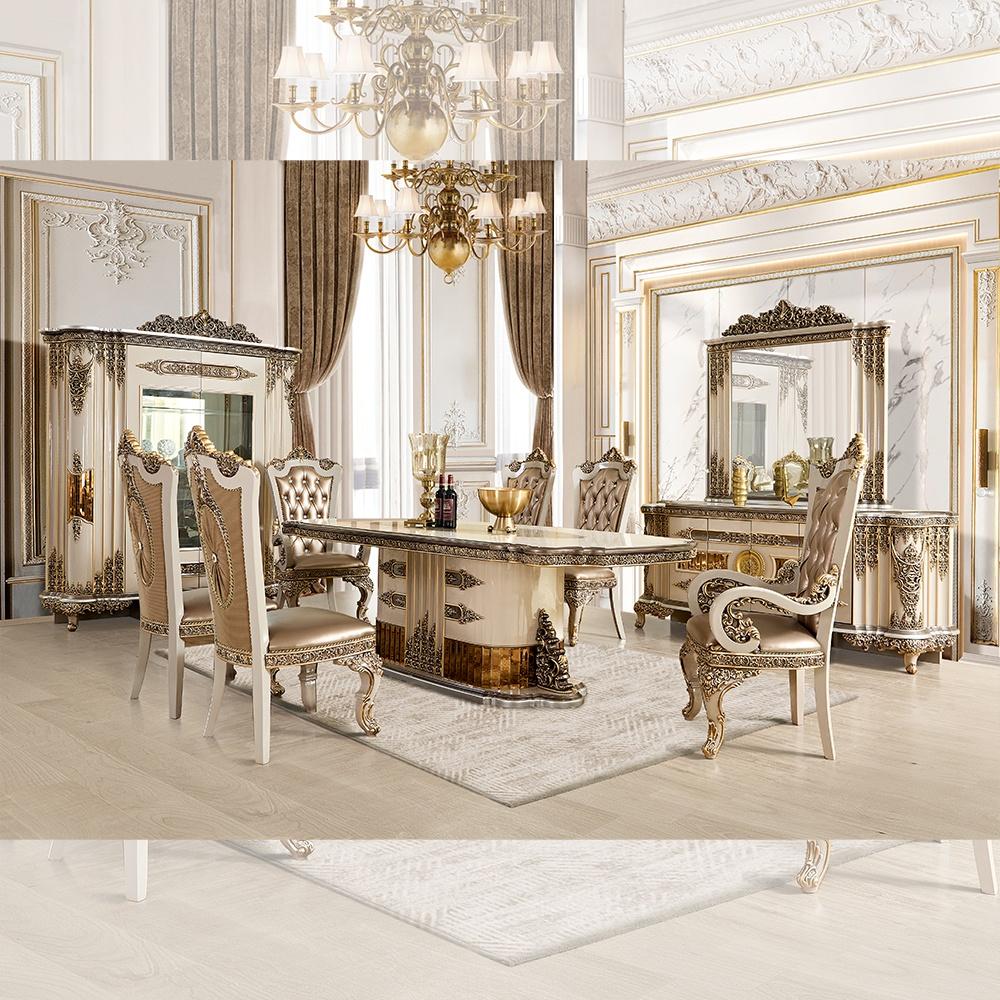 Classic Dining Room Set HD-1881 HD-D1881-12PC in Gold, Beige Fabric