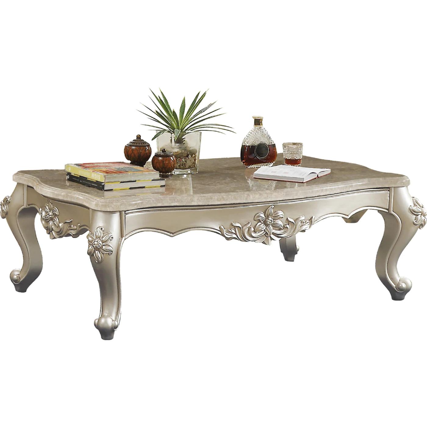 

    
Classic Beige Marble & Champagne Coffee Table by Acme Bently 81665
