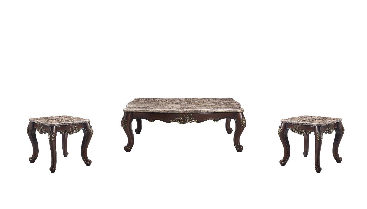 

    
Classic Brown Marble Top & Cherry Coffee Table + 2 End Tables by Acme Ragnar LV01125-3pcs
