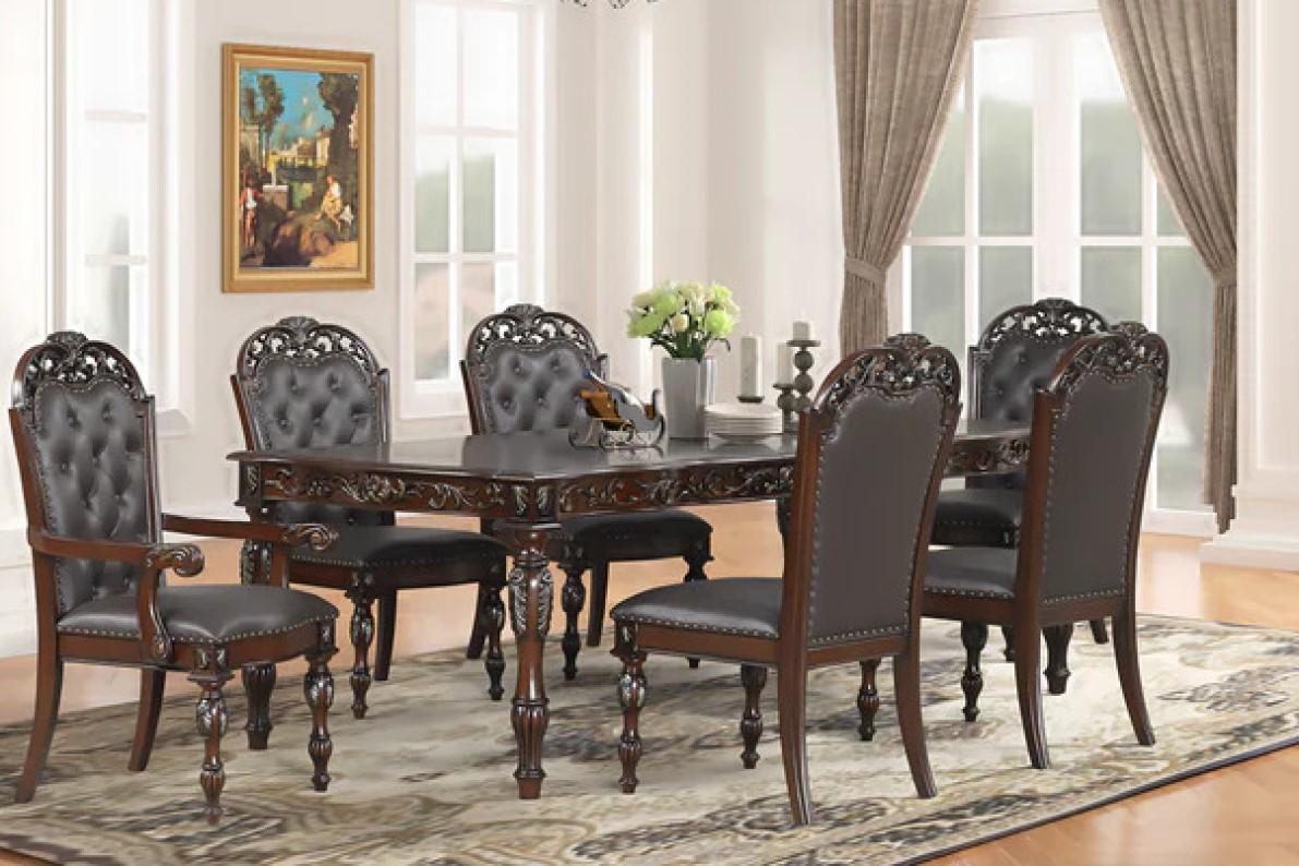 Classic Dining Room Set D1900 D1900-T-9PC in Dark Cherry Finish Faux Leather
