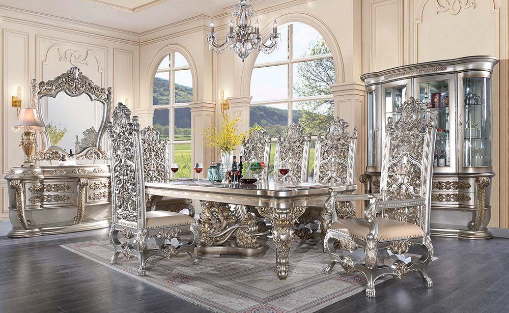 

    
Classic Champagne and Gold Composite Wood Dining Room Set 11PCS Acme Danae DN01197-DT-11PCS
