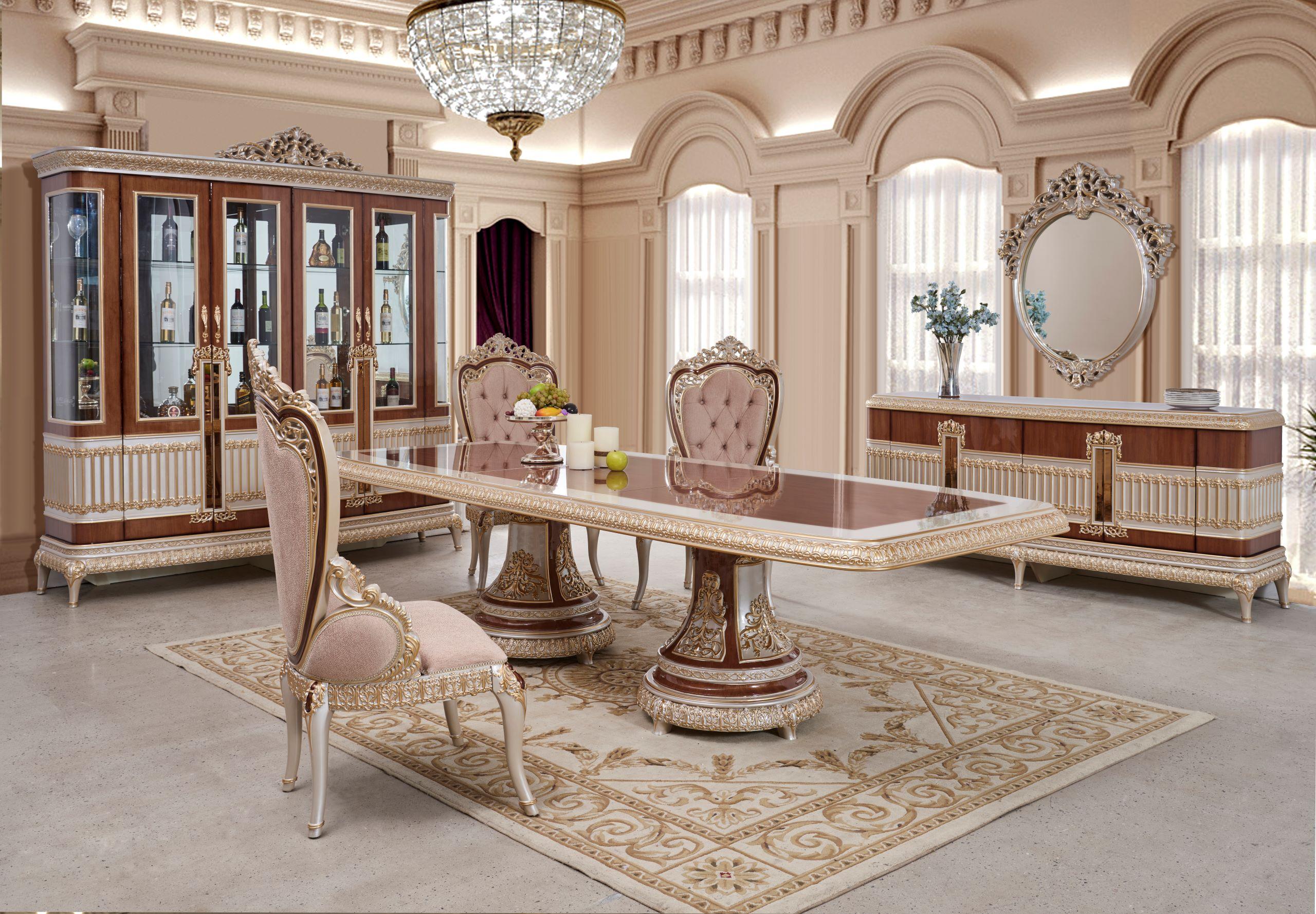 Classic, Traditional Dining Room Set HD-9021 Dining Room Set 7PCS HD-DIN9021-SET HD-DIN9021-SET in Gold, Beige Fabric