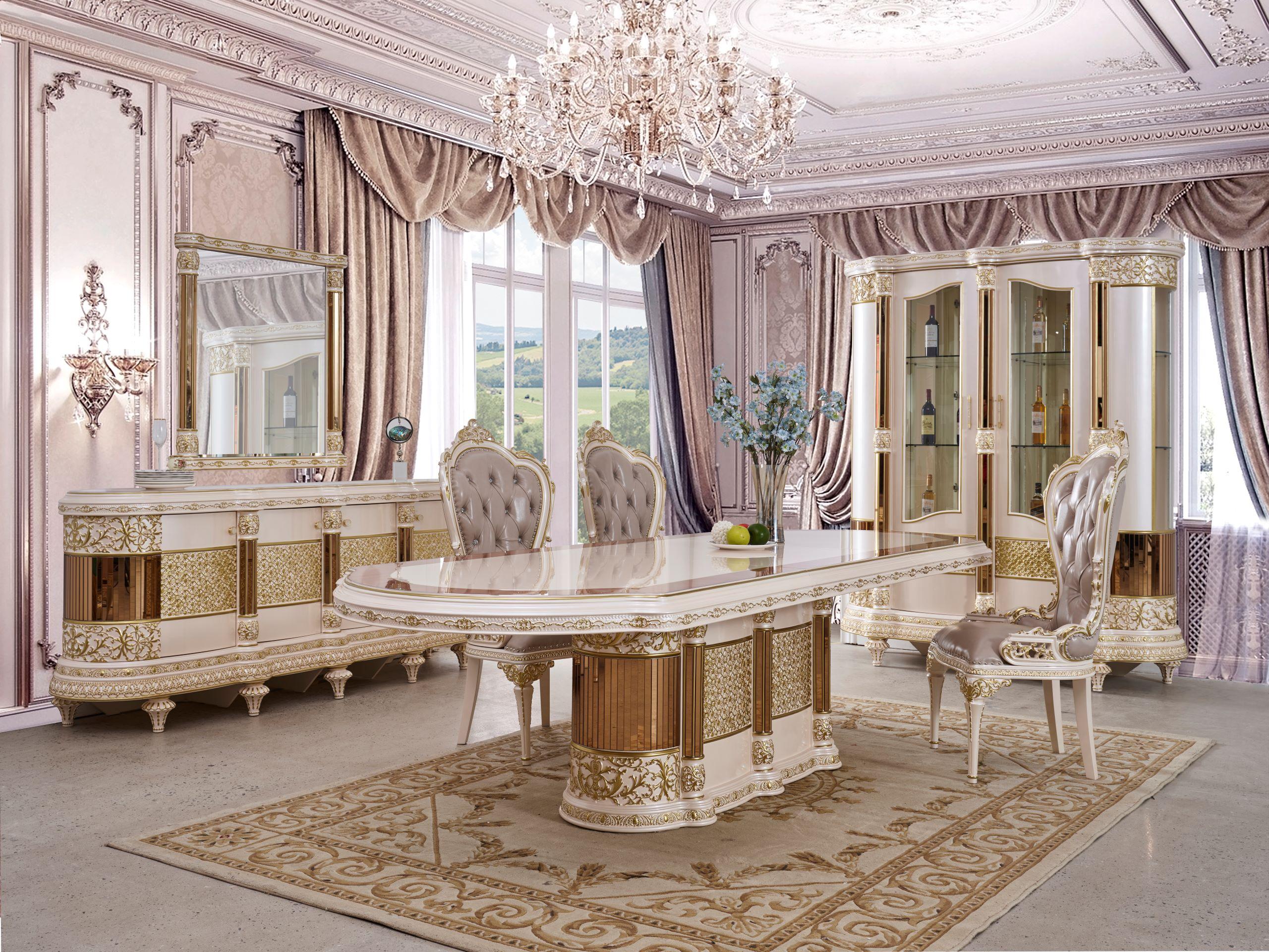 Classic, Traditional Dining Room Set HD-9022 Dining Room Set 7PCS HD-9022-7PCS HD-9022-7PCS in Gold, Beige Leather