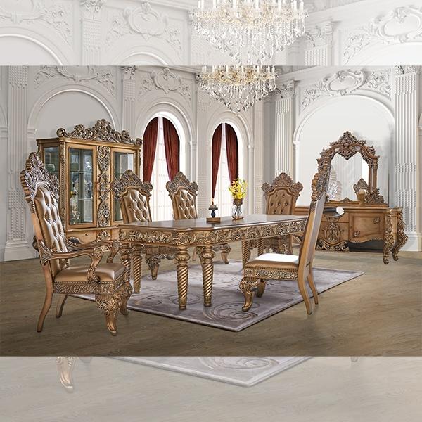 Classic Dining Room Set HD-1816 HD-D1816-1-11PC in Light Brown, Gold Fabric