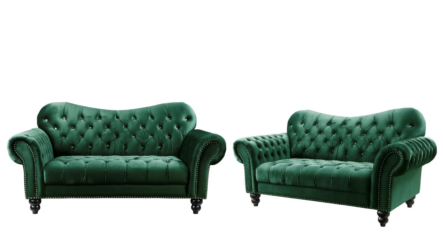 Modern, Classic Sofa and Loveseat Set Iberis 53400-2pcs in Green Velvet