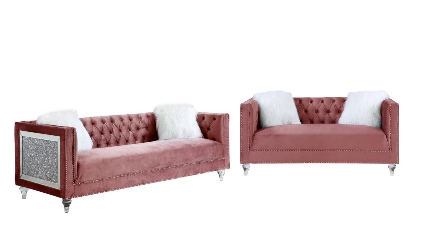 Classic Sofa and Loveseat Set HeiberoII LV00327-2pcs in Pink Velvet