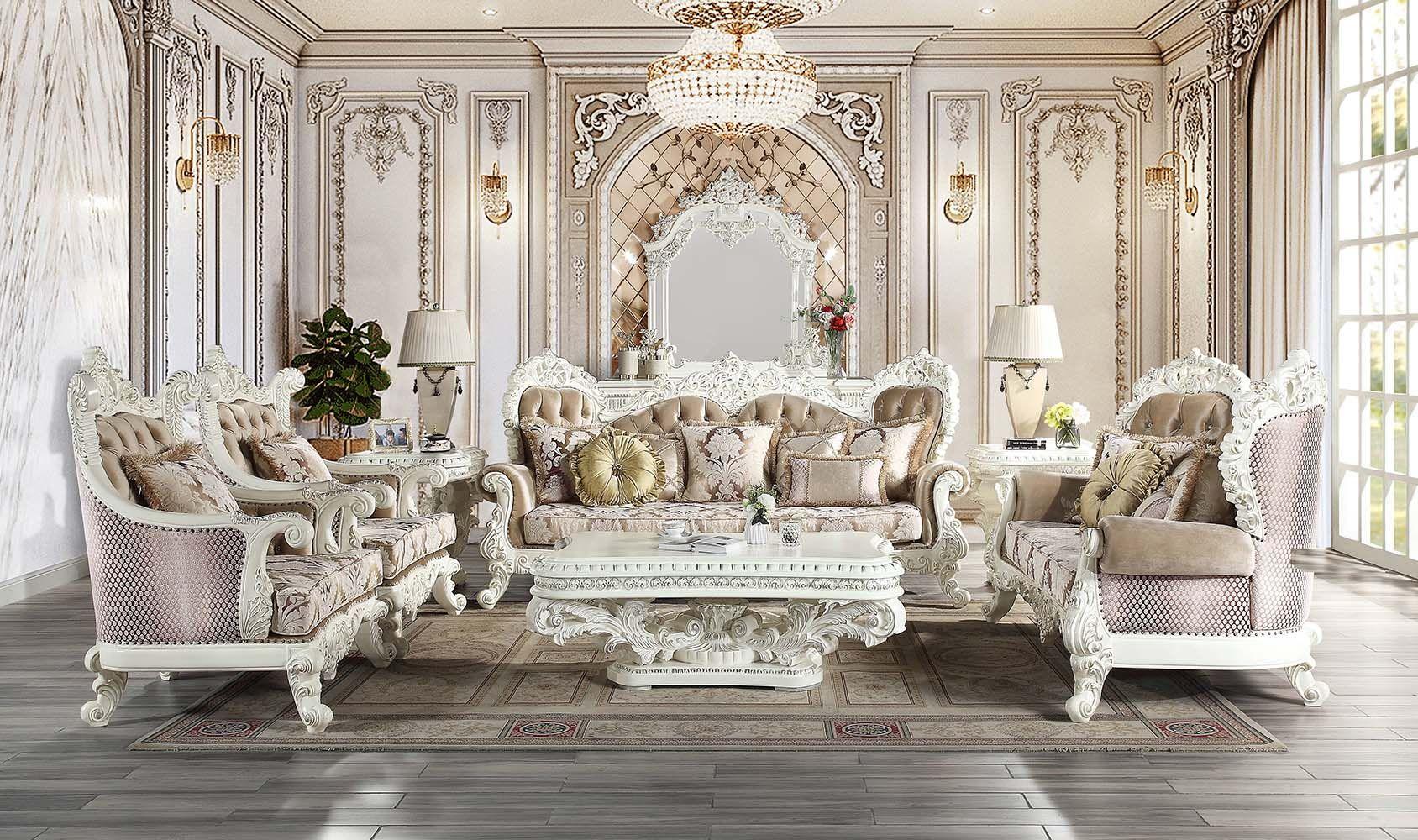 

    
Classic Tan Fabric & Antique White Living Room Set by Acme Vanaheim LV00803-2pcs
