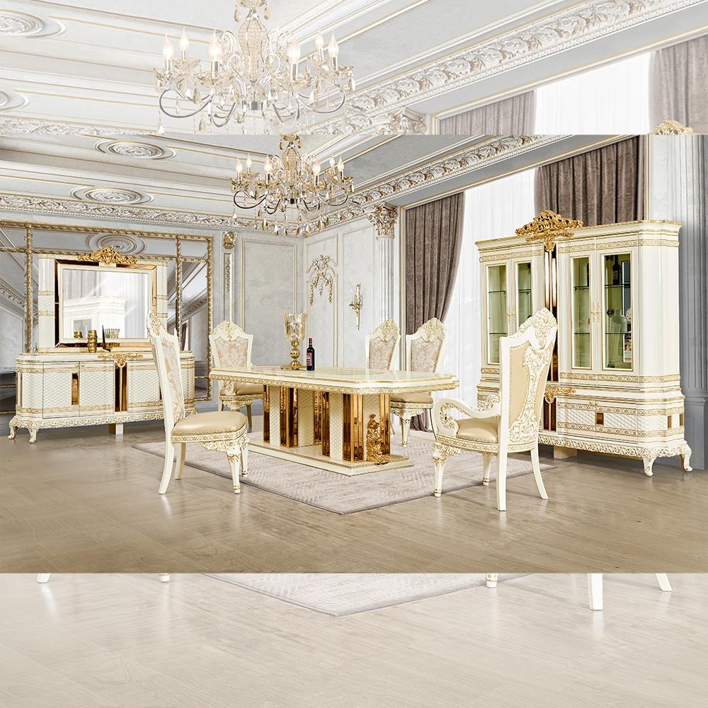 

    
Classic White & Gold Wood Dining Room Set 12Pcs Homey Design HD-1882
