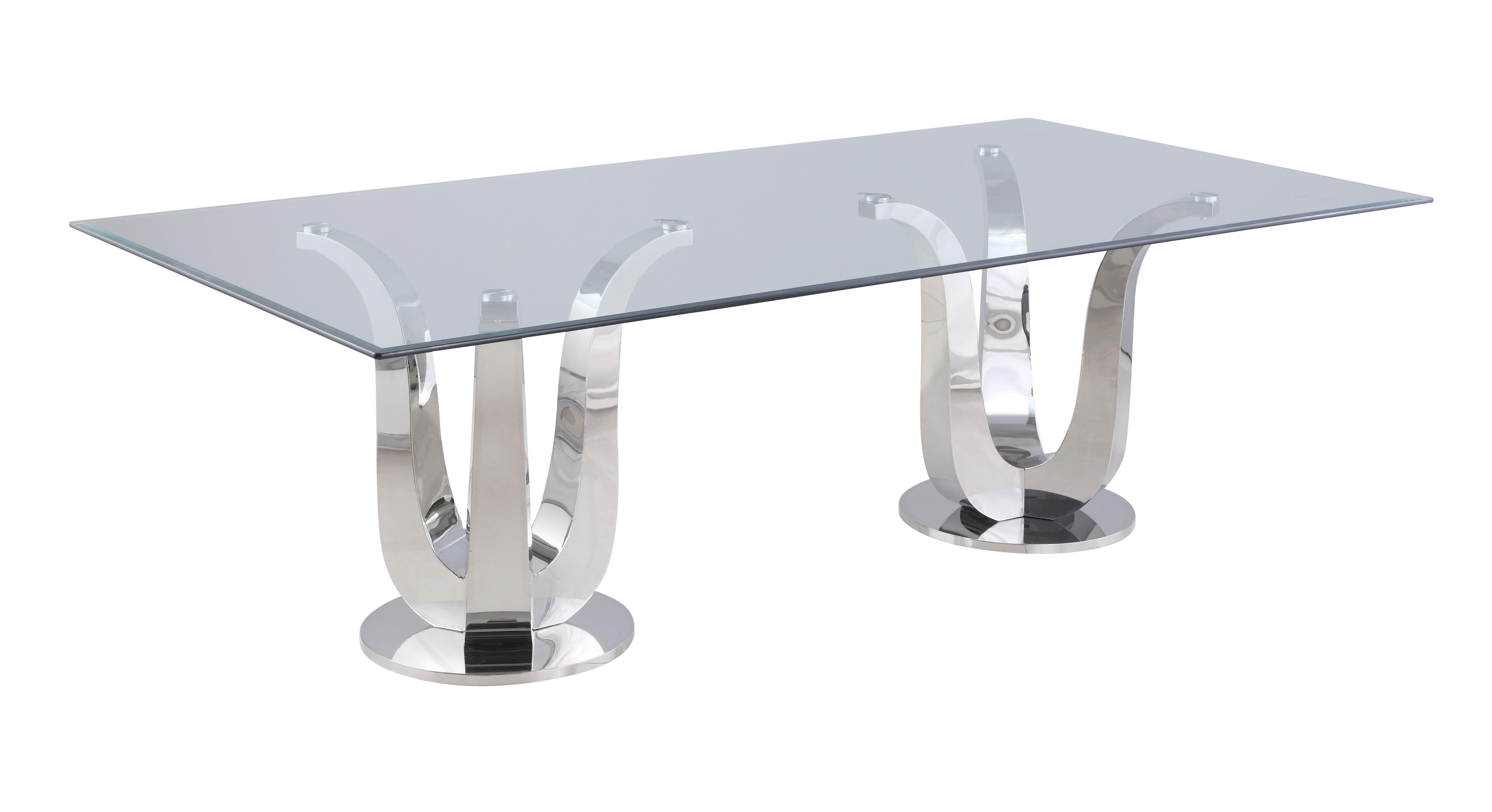 

    
Clear Glass Top Dining Table Tulip Double Pedestal Modern Adelle by Chintaly Imports
