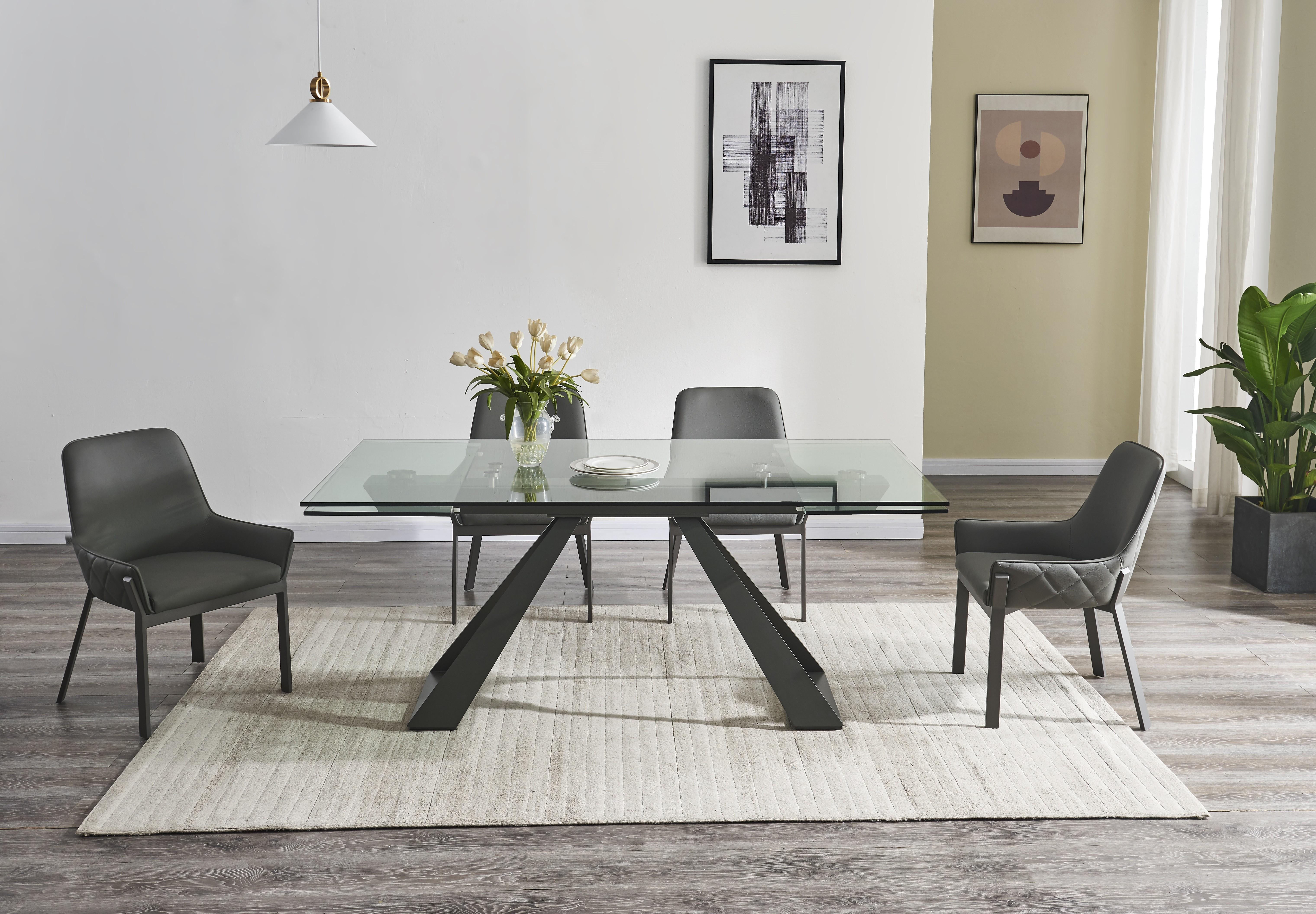Contemporary, Modern Dining Room Set San Diego Venice 17255-5pcs in Gunmetal, Clear, Gray Leather
