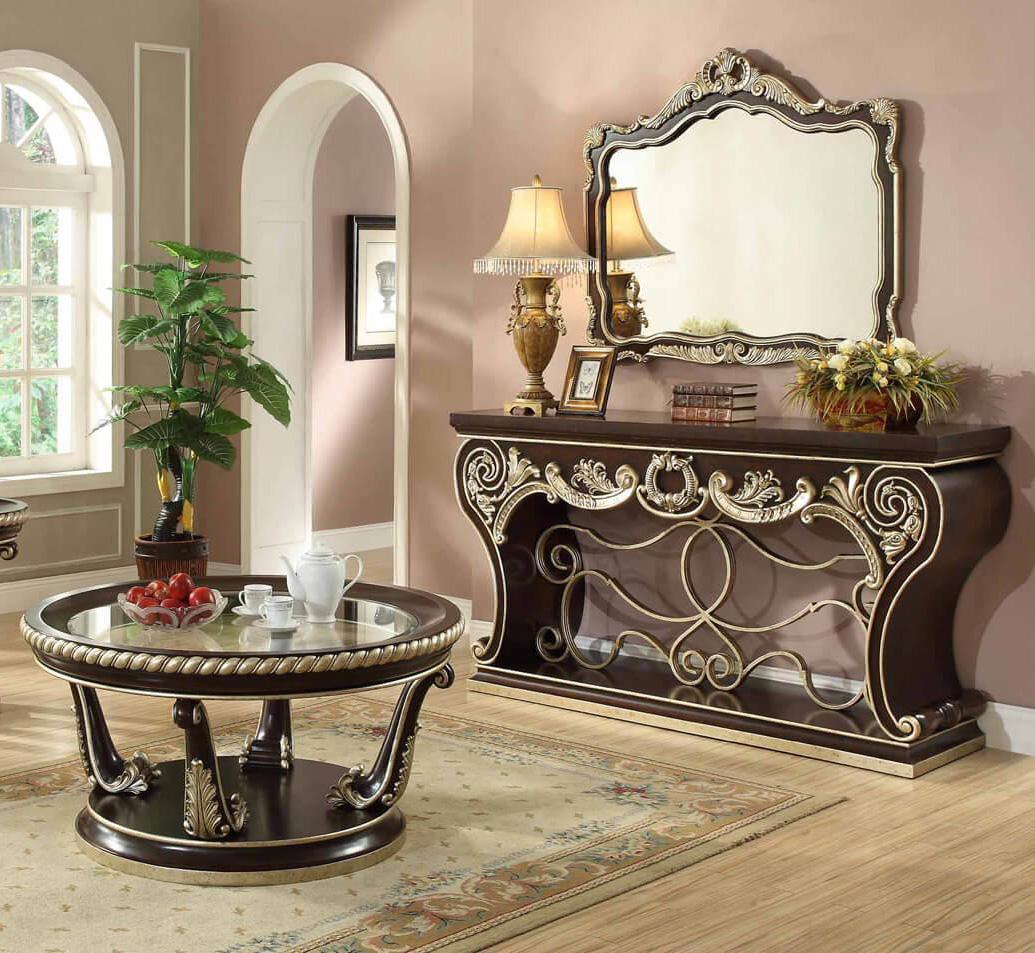 

    
Brown Cherry Carved Wood Console Table Traditional Homey Design HD-213
