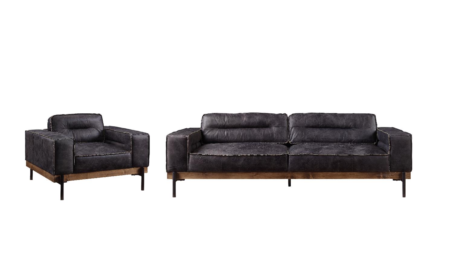 Contemporary Sofa and Chair Silchester 56505-2pcs in Ebony Top grain leather