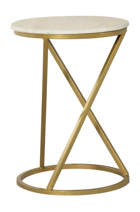 

    
Contemporary Antique Gold & White Marble Top Accent Table Coaster 959562
