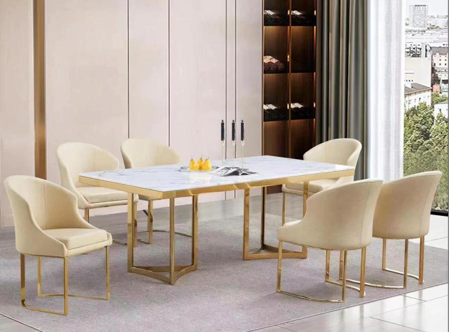 Contemporary Dining Room Set D1007 D1007-T-7PC in Marble, Gold, Beige Faux Leather