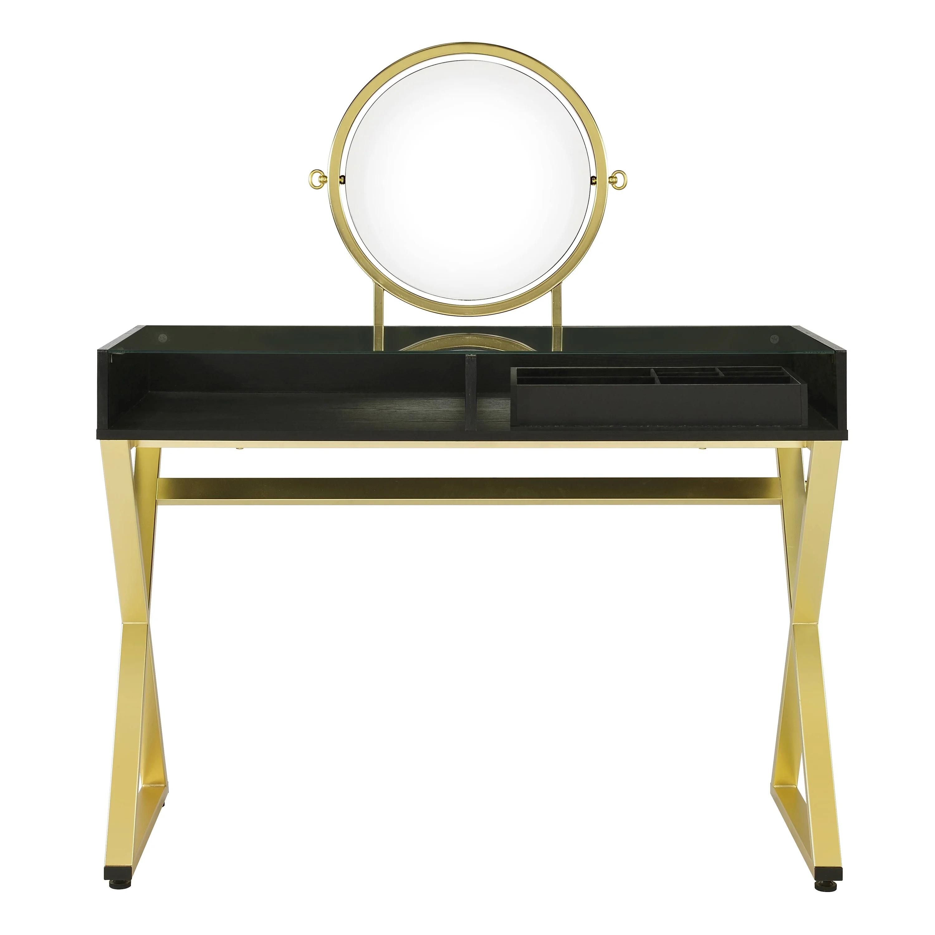 

    
Contemporary Black & Gold Finish Vanity Desk w/ Mirror by Acme AC00669 Coleen

