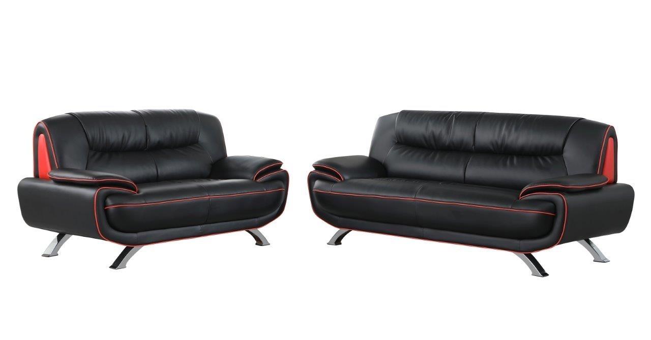 Contemporary Sofa and Loveseat Set 405 405-BLACK-2PC in Black Leather gel match