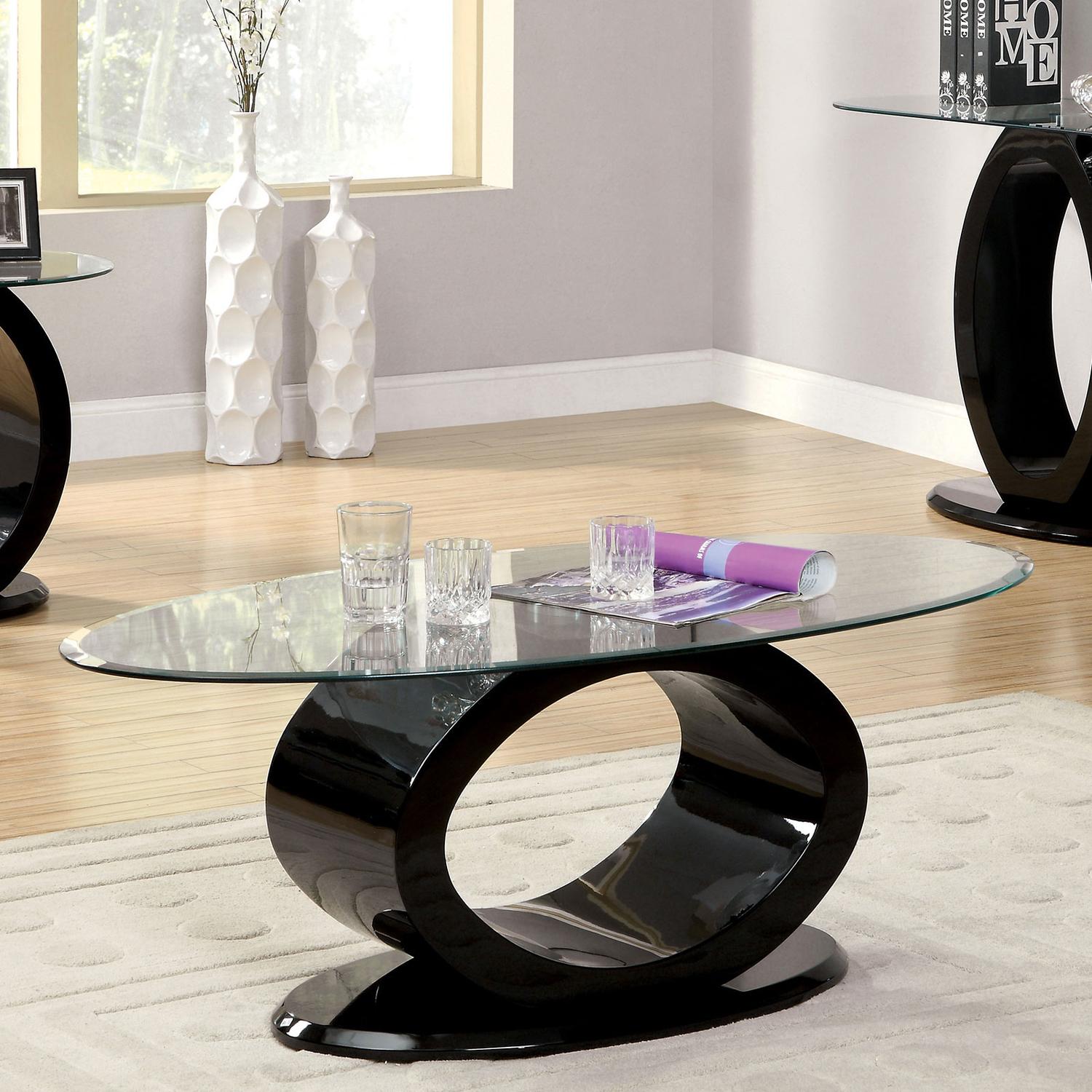 

    
Contemporary Black Tempered Glass Top Coffee Table Set 3pcs Furniture of America Lodia
