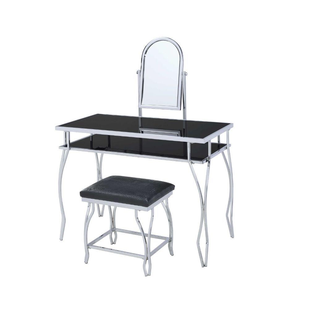 

    
Contemporary Black Vanity Desk & Black PU Stool by Acme Carene 90312-2pcs
