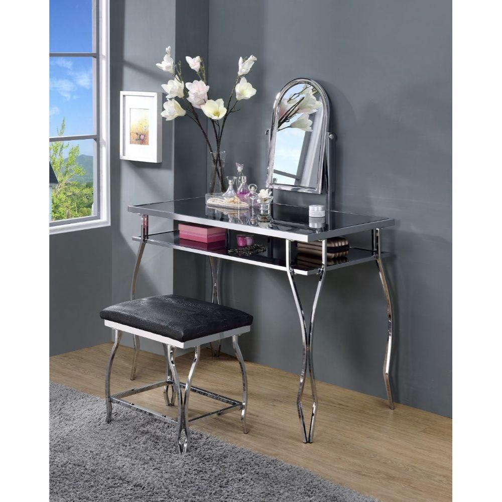 

    
Contemporary Black Vanity Desk & Black PU Stool by Acme Carene 90312-2pcs
