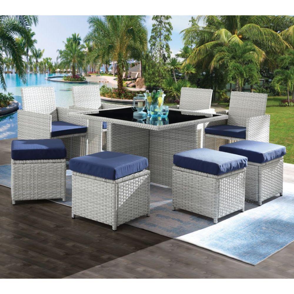 

    
Contemporary Blue Synthetic Wicker Outdoor Dining Set 9PCS Acme Furniture Paitalyi 45075-9PCS
