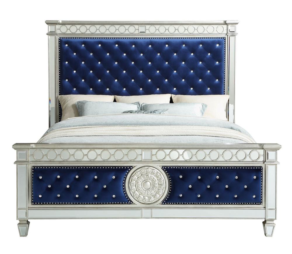 

    
Contemporary Blue Velvet & Mirrored Eastern King Bed by Acme Varian 26147EK
