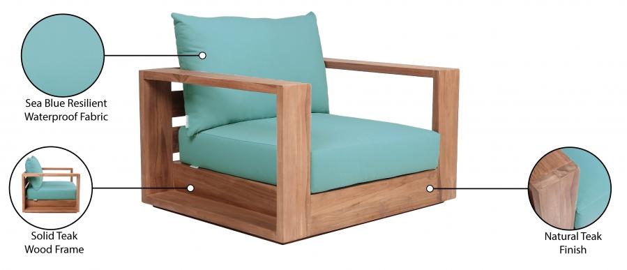 

        
21326262451581Contemporary Blue Wood Fabric Patio Chair Meridian Furniture Tulum 353SeaBlue-C
