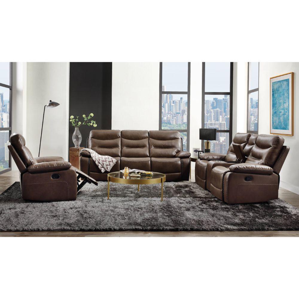 

    
55422 Contemporary Brown Leather Motion Recliner w/ Console by Acme Aashi 55422
