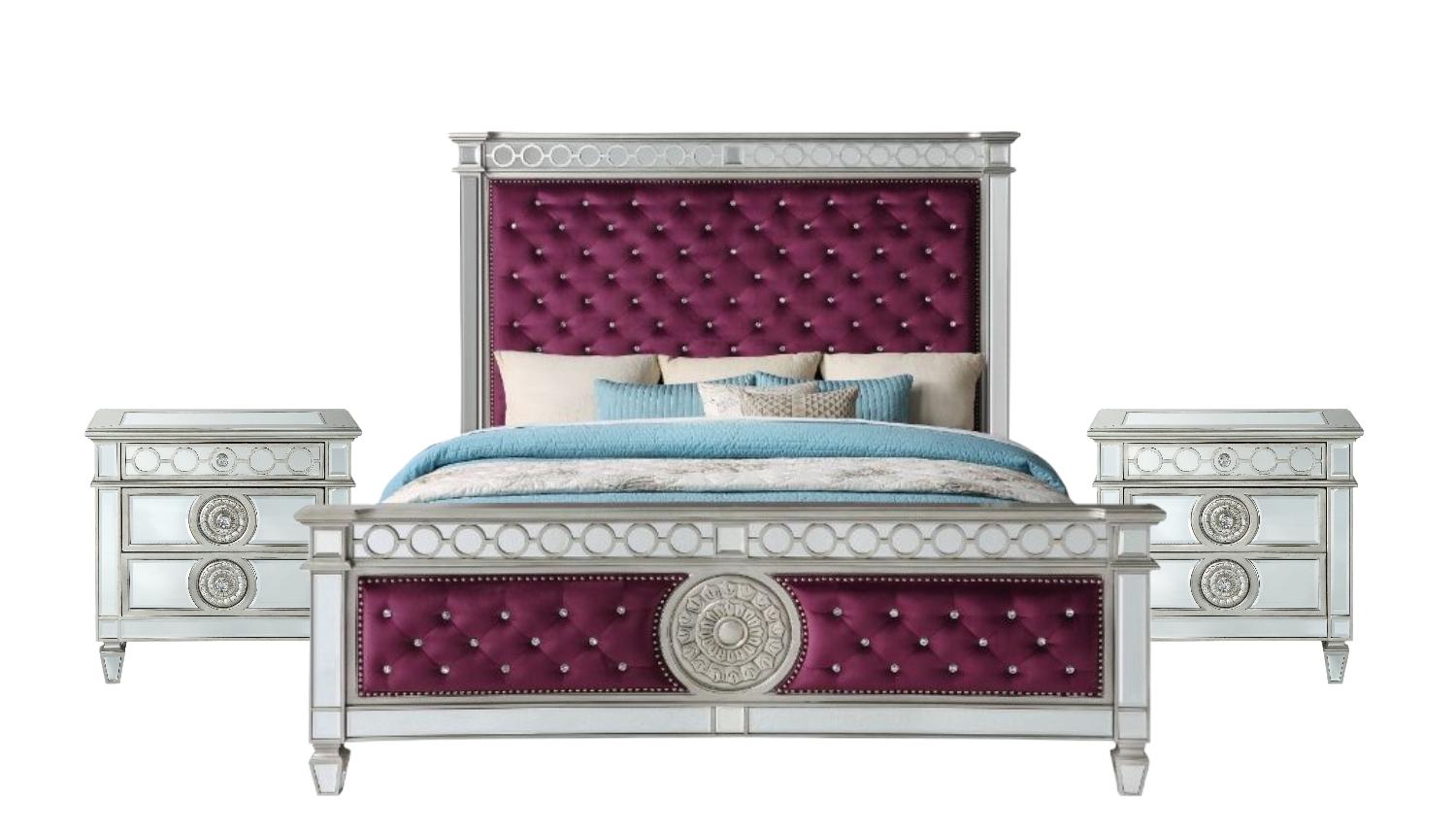 Contemporary Bedroom Set Varian 27370Q-3pcs in Burgundy Velvet