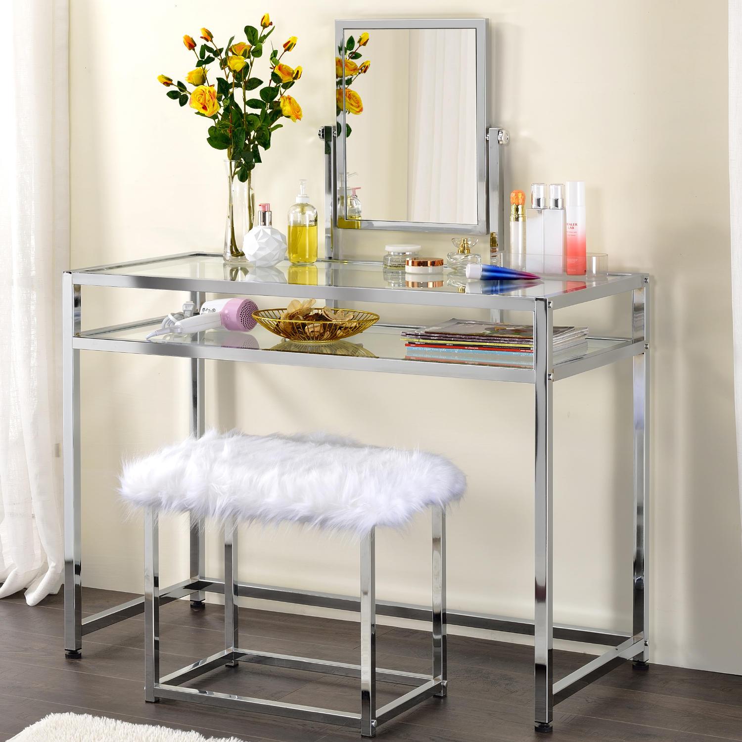 

    
Contemporary Chrome Finish Vanity Desk & Stool & Mirror by Acme AC00666-2pcs Coleen
