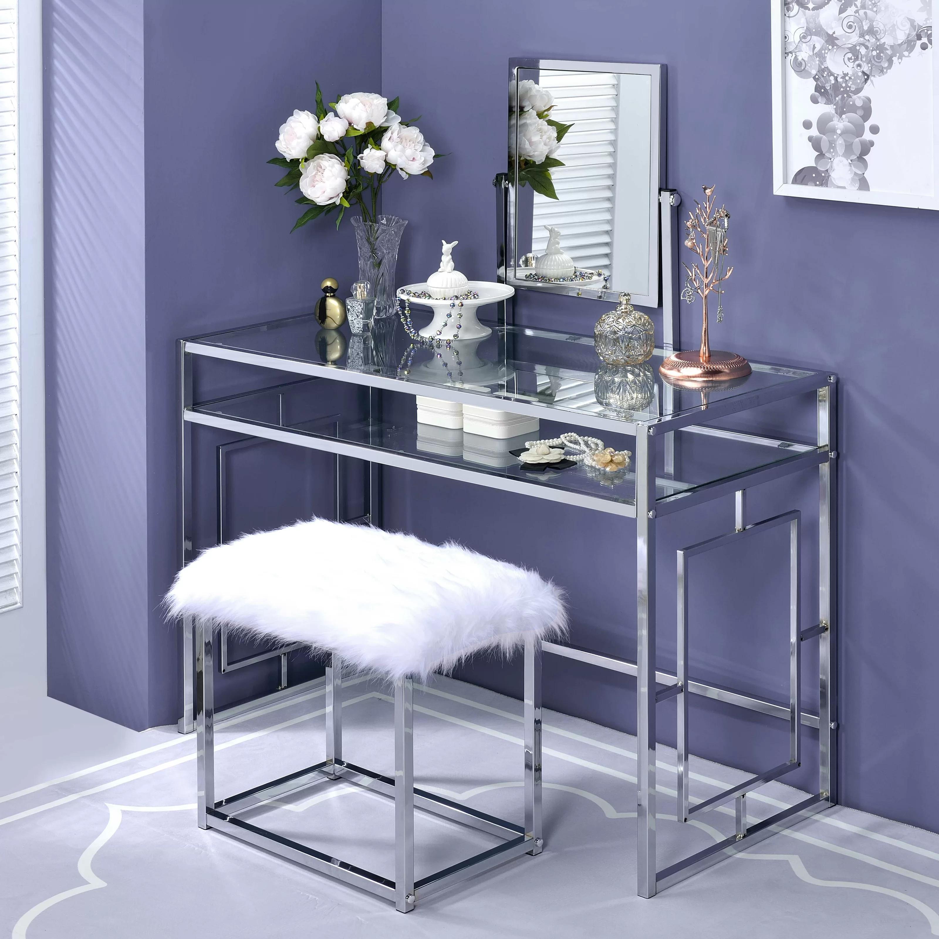 

    
Contemporary Chrome Vanity Desk & White Faux Fur Stool by Acme Carenze II 90314
