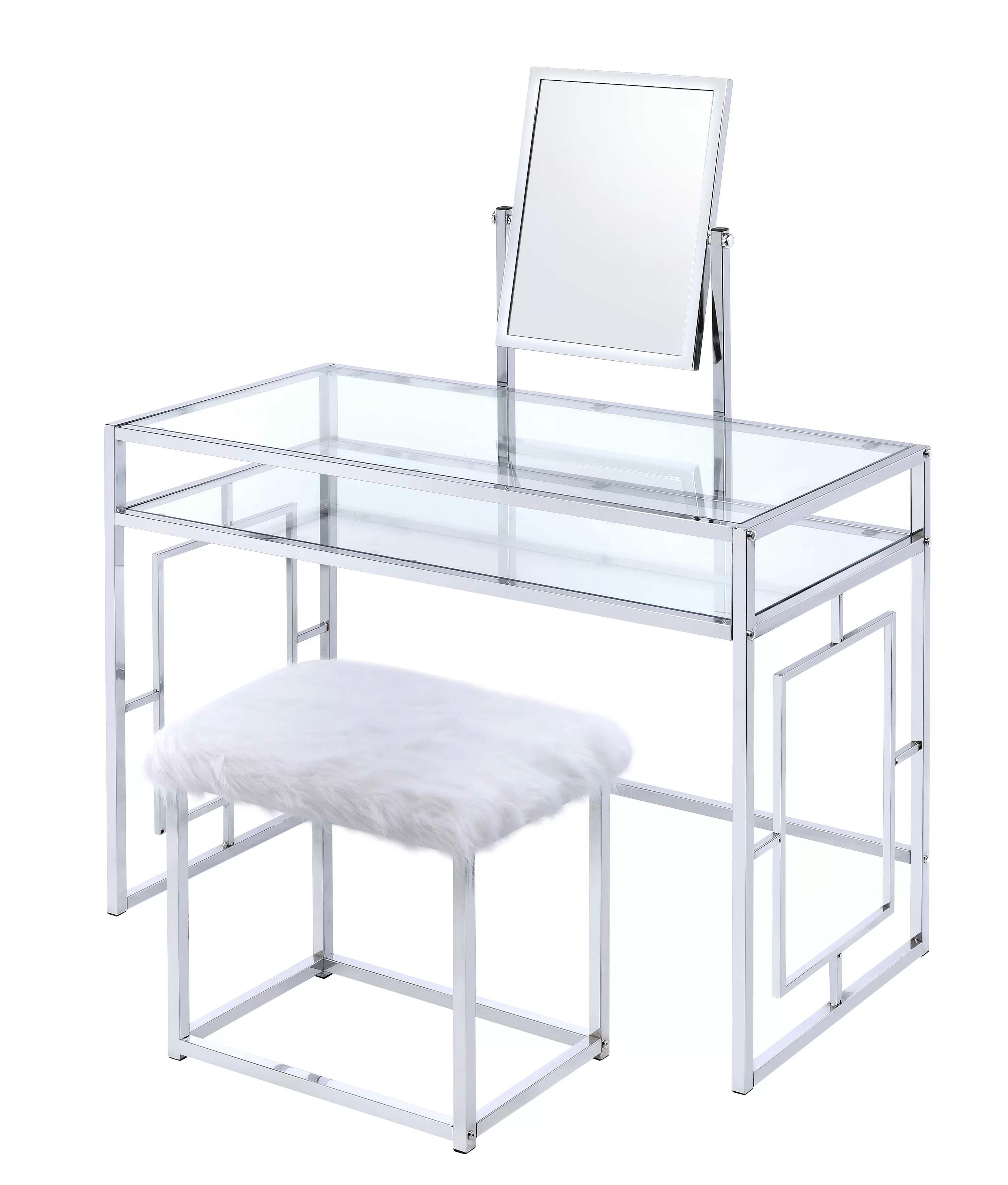

    
Contemporary Chrome Vanity Desk & White Faux Fur Stool by Acme Carenze II 90314
