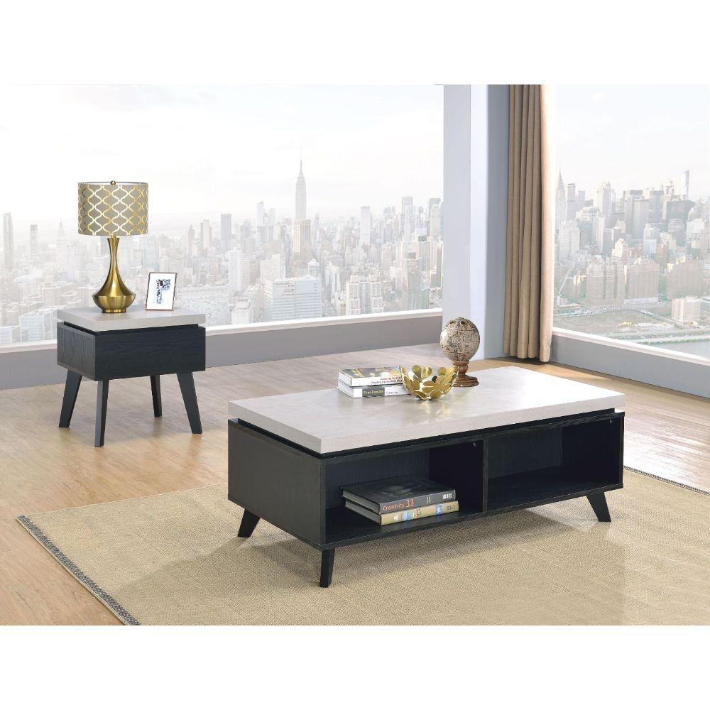 

    
Contemporary Faux Concrete & Black Coffee Table + End Table by Acme 81095 81097 Magna

