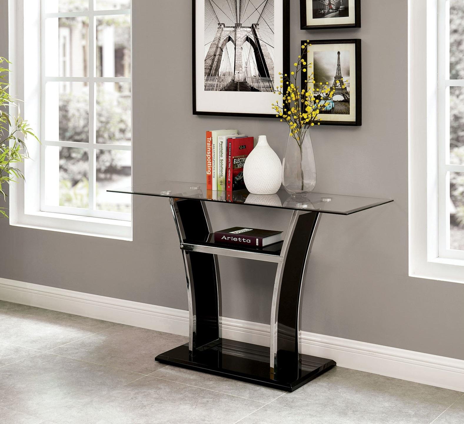

    
Contemporary Glossy Black Tempered Glass Top Sofa Table Furniture of America CM4372BK-S Staten
