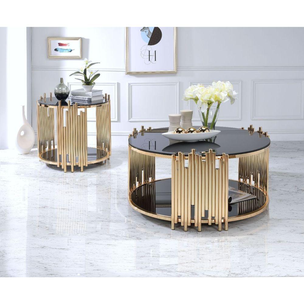 

    
Contemporary Gold & Black Glass Coffee Table + 2 End Tables by Acme Tanquin 84490-3pcs
