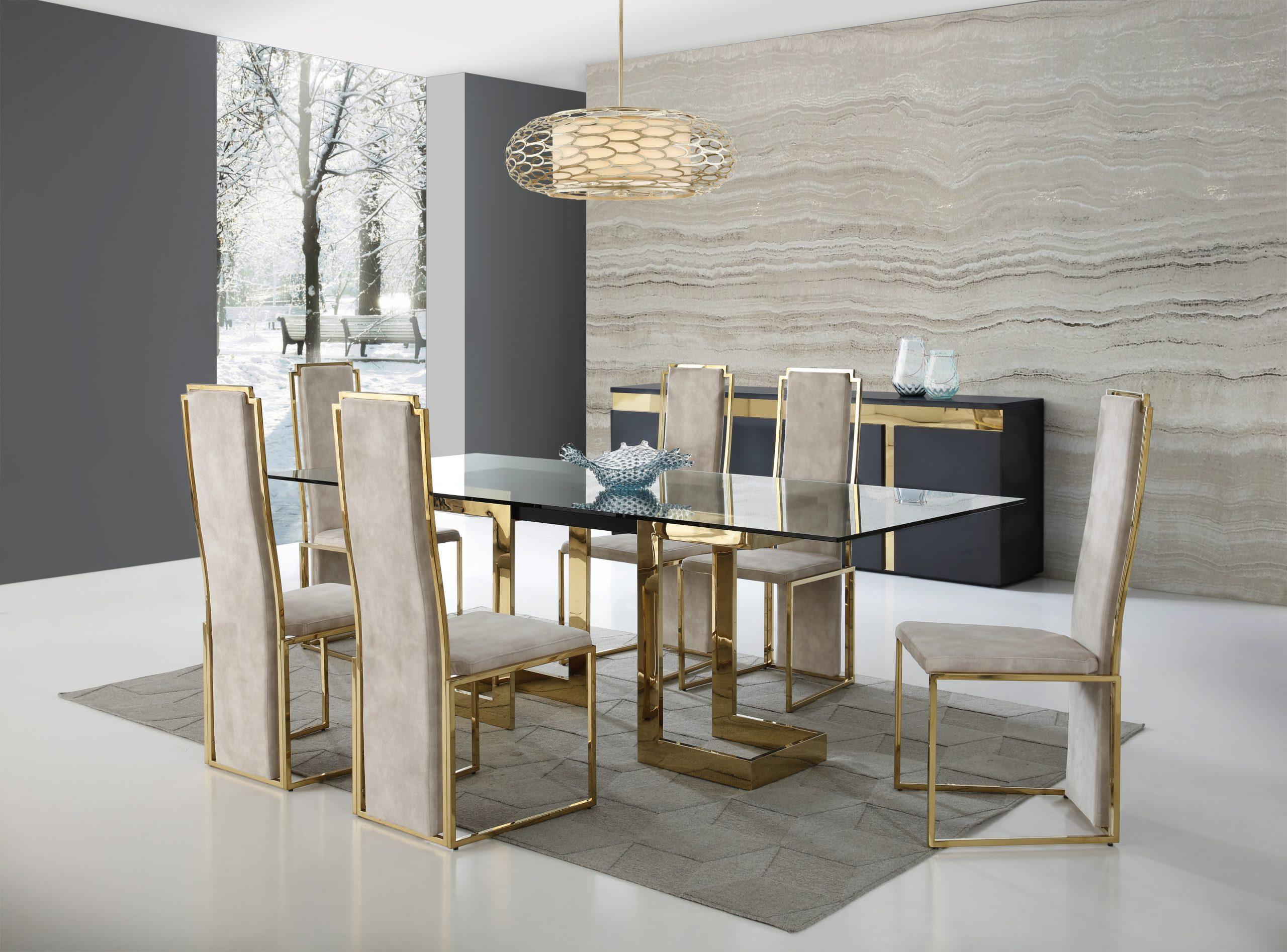 Contemporary Dining Room Set DT1658-BLK-8PC Sumo DT1658-BLK-8PC in Gold Suede