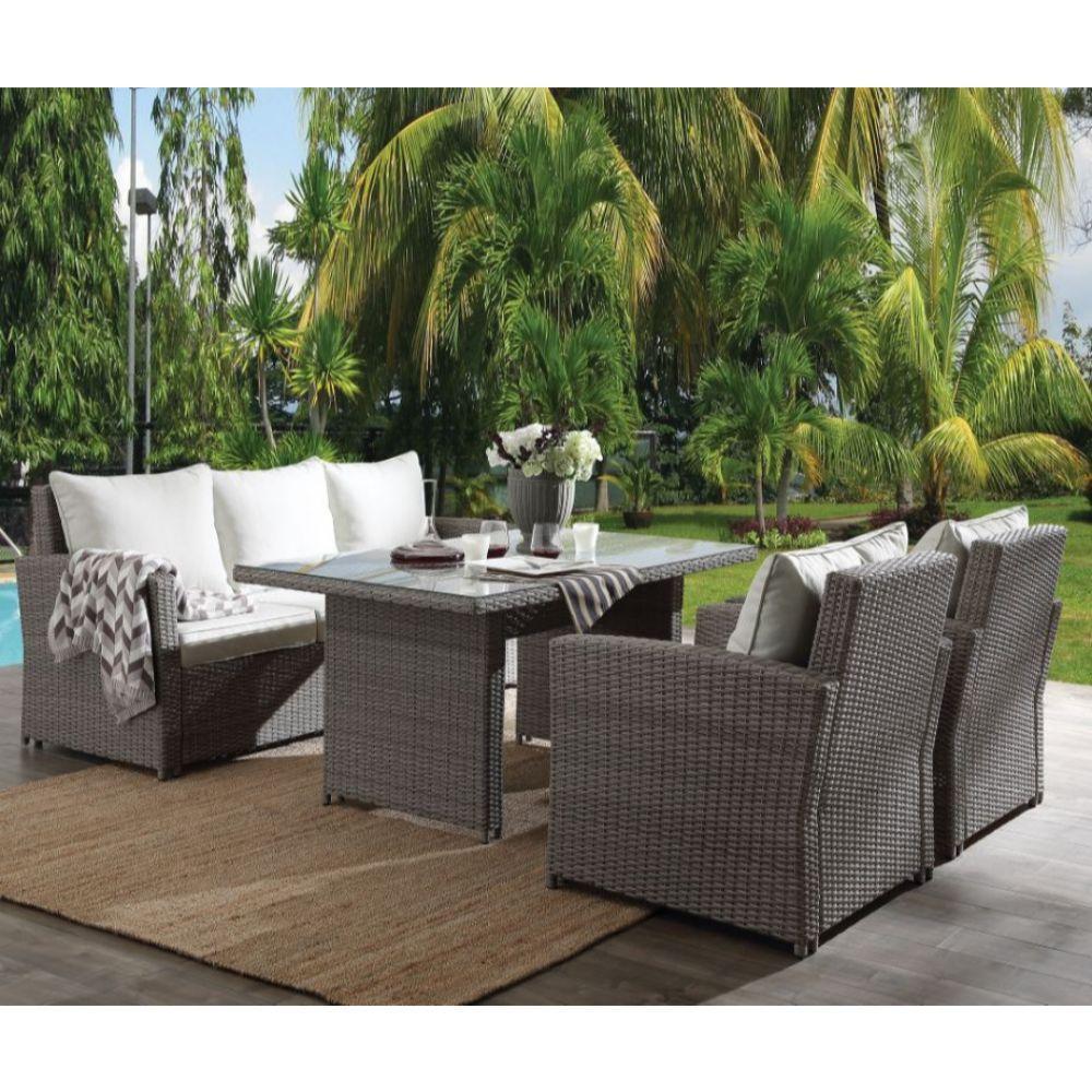 

    
Contemporary Gray Synthetic Wicker Outdoor Dining Set 4PCS Acme Furniture Tahan 45070-4PCS
