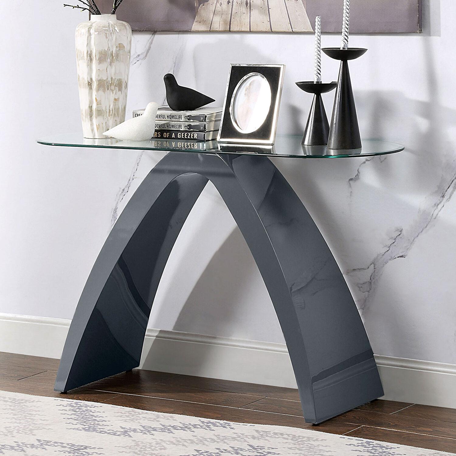 

    
Contemporary Gray Tempered Glass Top Sofa Table Furniture of America FOA4042GY-S Nahara
