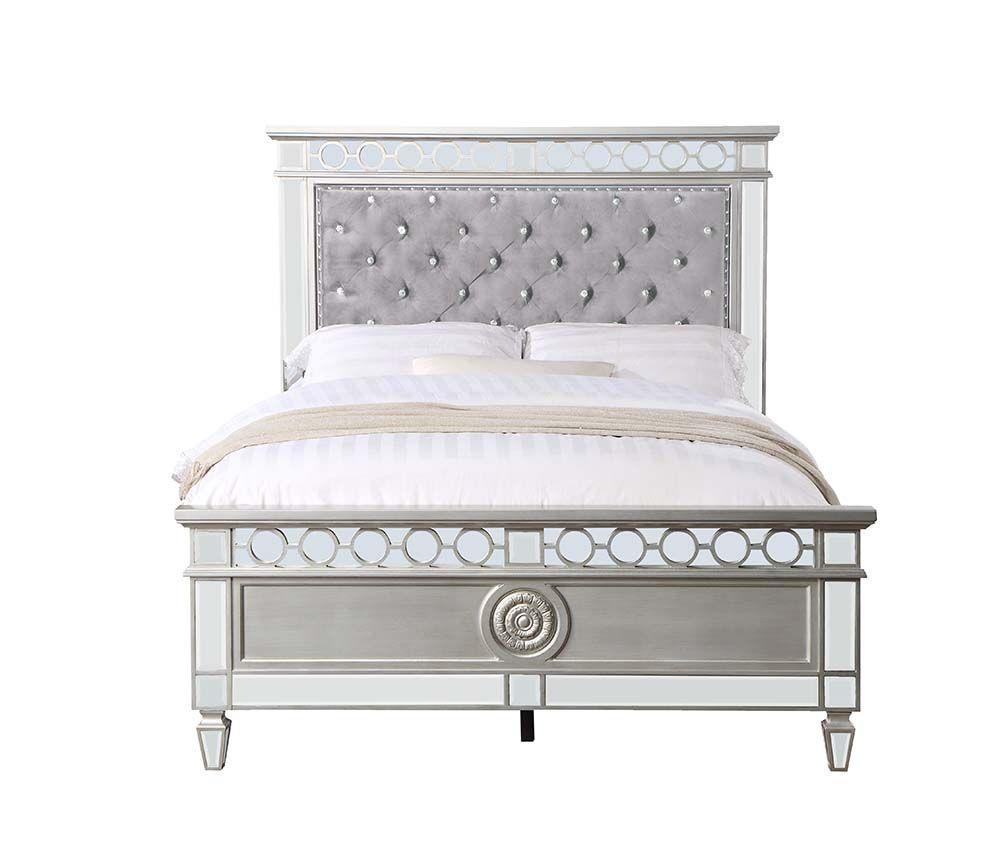 

    
Contemporary Gray Velvet, Silver & Mirrored Bedroom Set by Acme Varian BD01411F-5pcs
