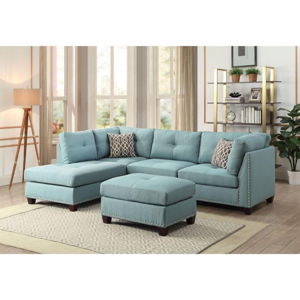 Contemporary, Classic, Simple Sectional Sofa and Ottoman Laurissa 54390-3pcs in Teal Linen
