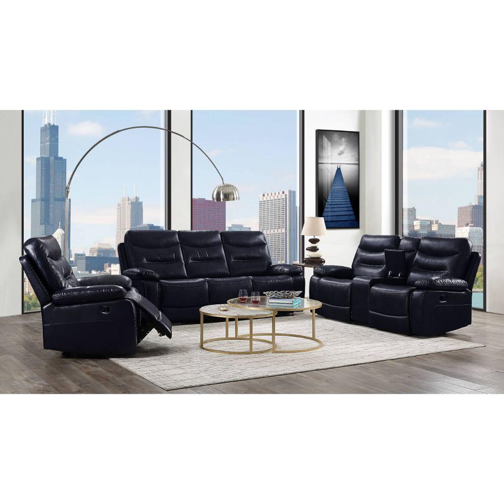

    
55370 Contemporary Navy Leather Motion Sofa w/ Console by Acme Aashi 55370
