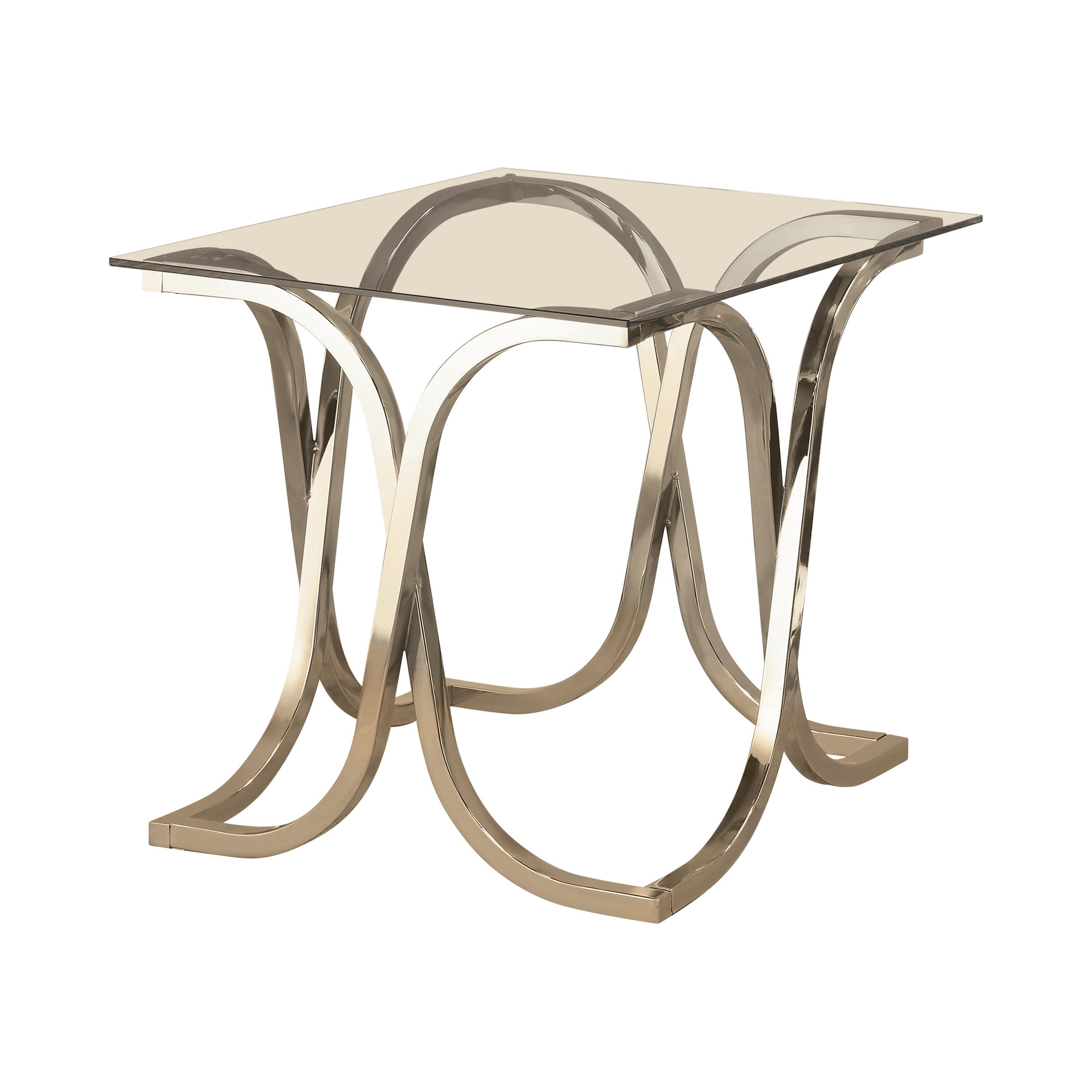 

    
Contemporary Nickel Tempered Glass End Table Coaster 701917
