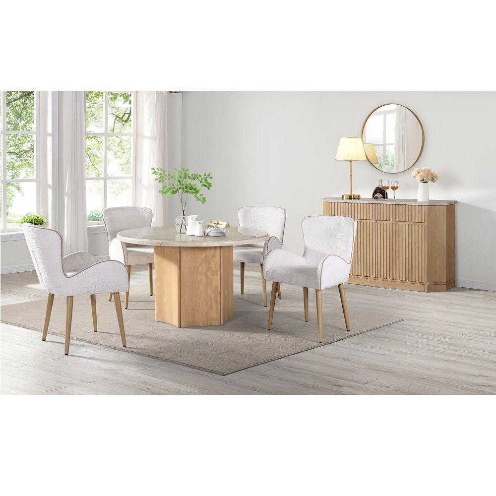 Contemporary Dining Table Set Qwin Round Dining Table Set 8PCS DN02875-8PCS DN02875-8PCS in Oak, Marble, White Fabric