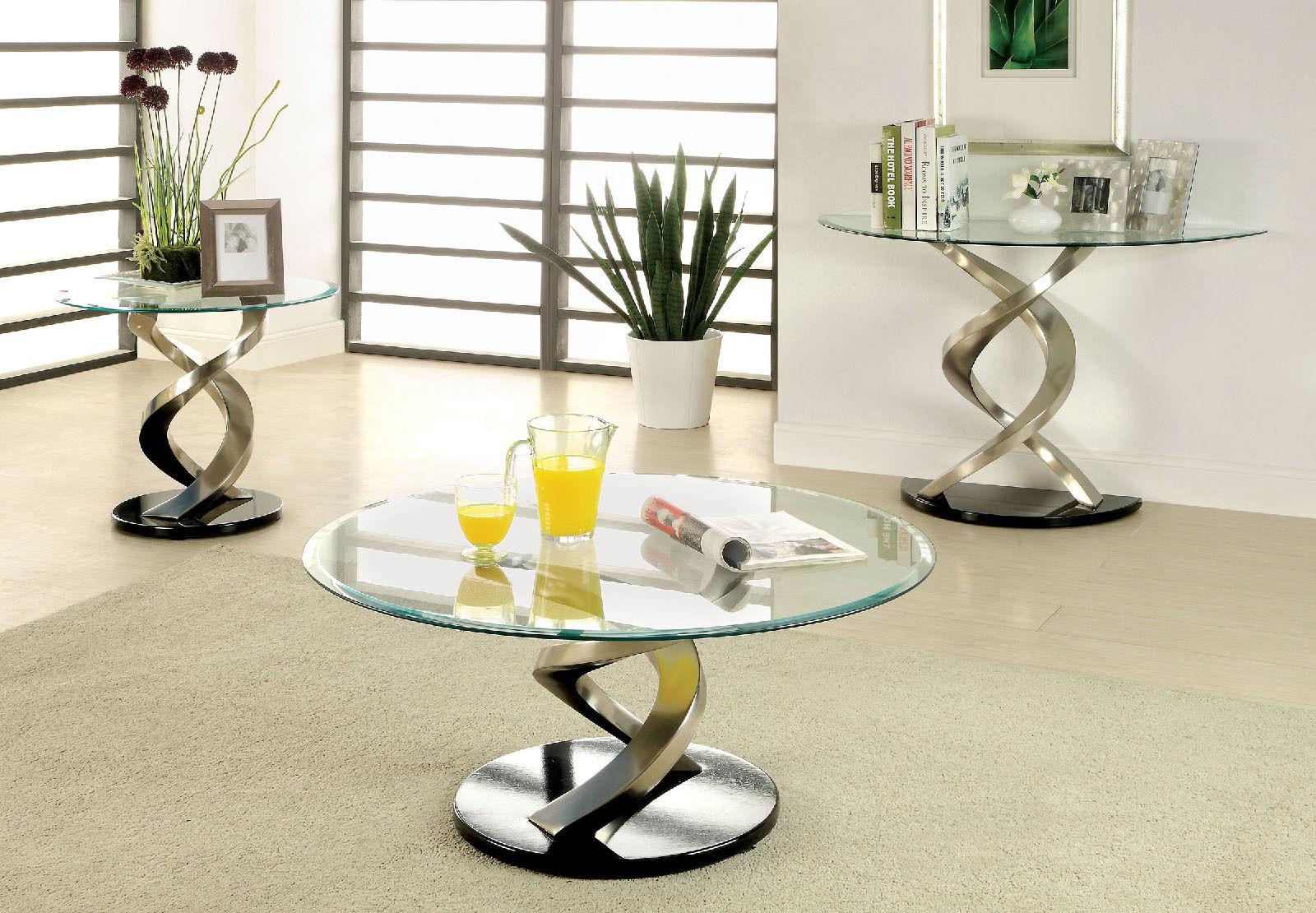 

    
Contemporary Satin Plated Tempered Glass Coffee Table Set 3pcs Furniture of America Nova
