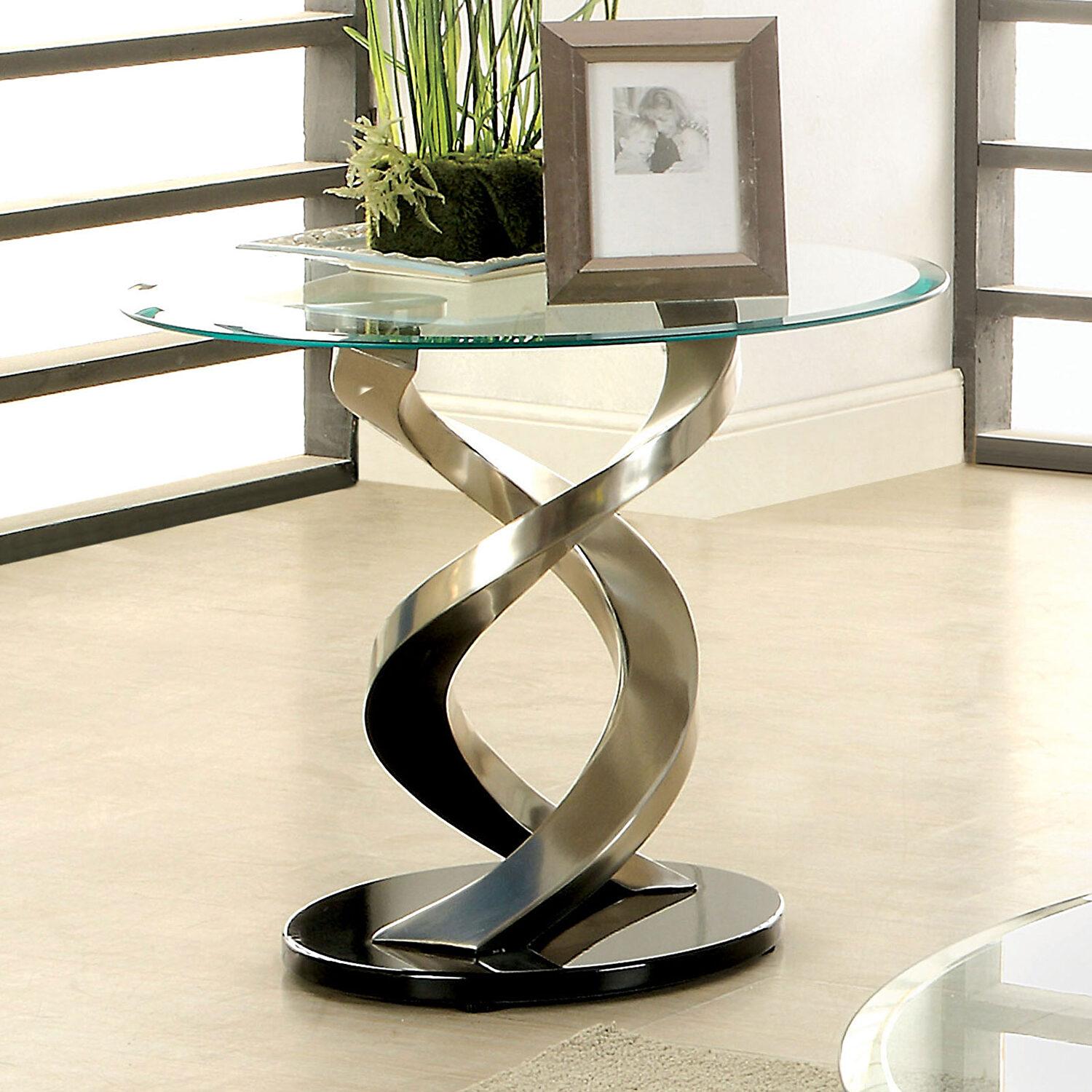 

    
Contemporary Satin Plated Tempered Glass End Table Furniture of America CM4729E Nova
