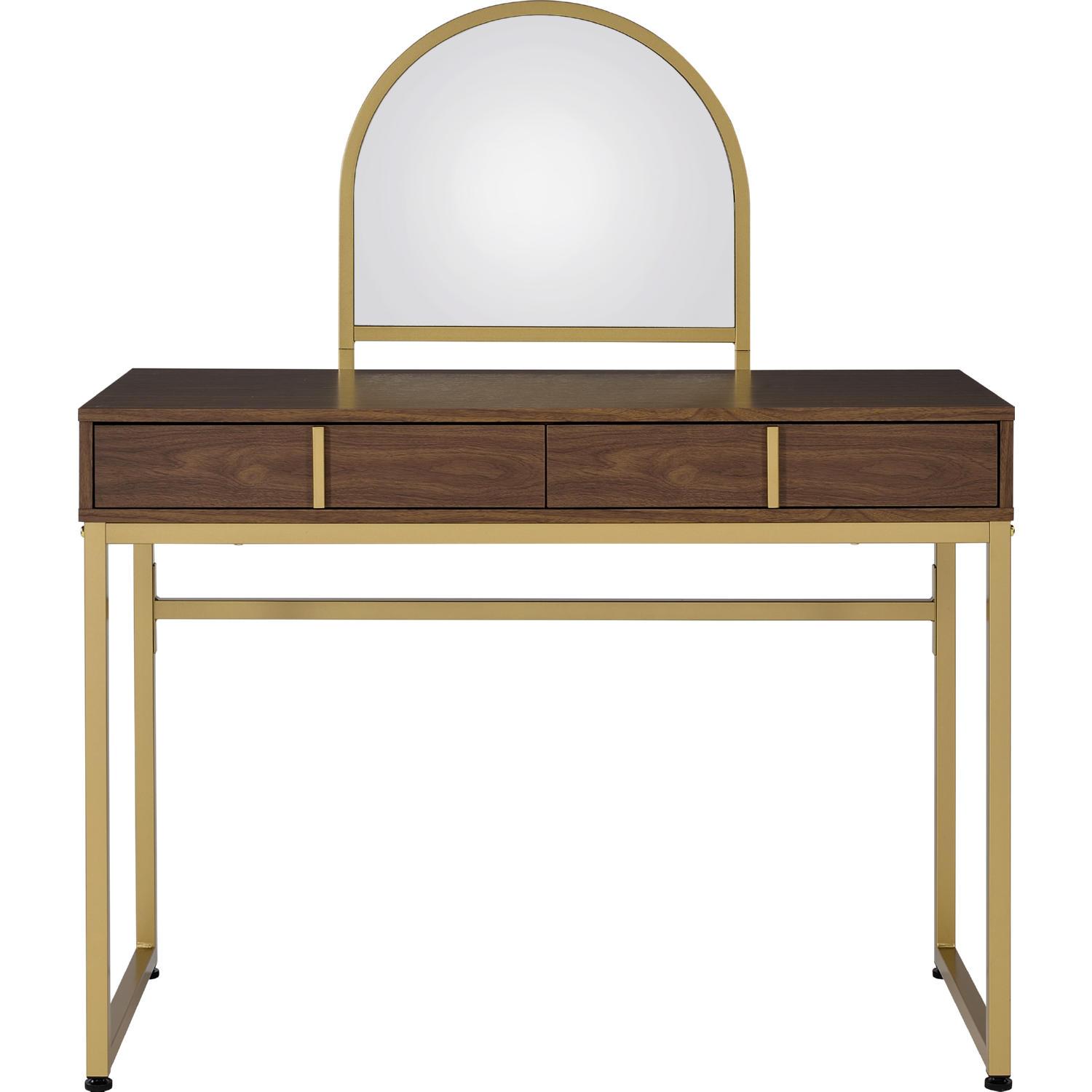

    
Contemporary Walnut & Gold Finish Vanity Desk w/ Mirror by Acme AC00670 Coleen
