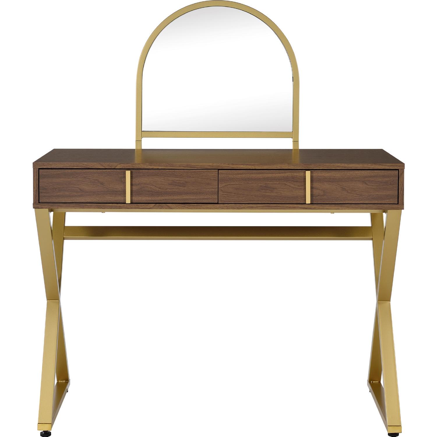 

    
Contemporary Walnut & Gold Finish Vanity Desk w/ Mirror by Acme AC00665 Coleen
