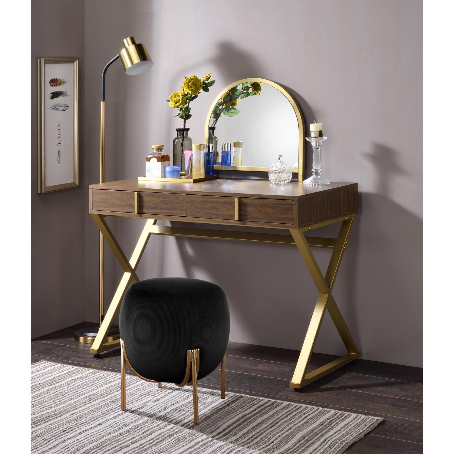

    
Contemporary Walnut & Gold Finish Vanity Desk w/ Mirror by Acme AC00665 Coleen
